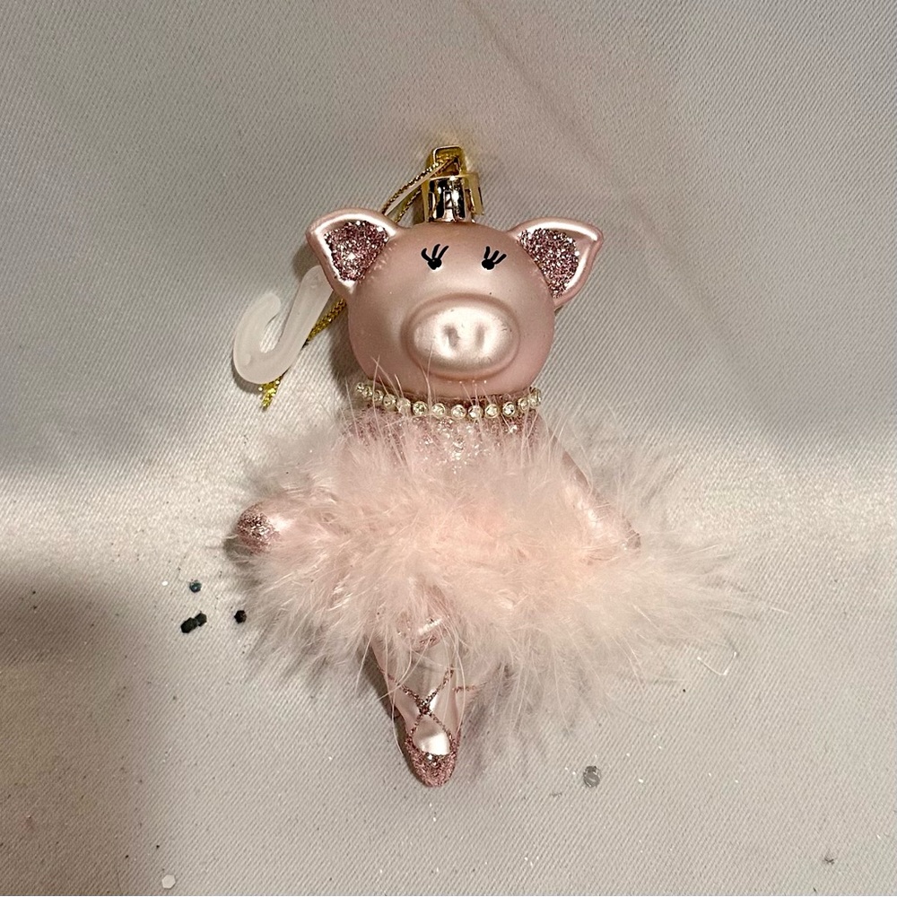 Pink Glittery Feather Trimmed Pig Ballerina Figurine Christmas Ornament
